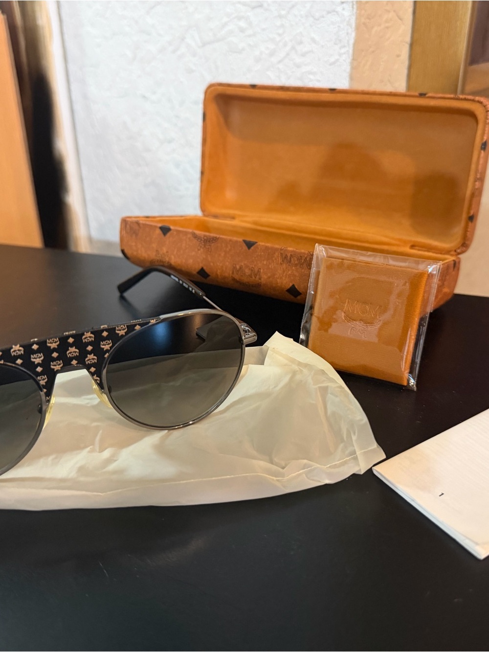 MCM Black Aviator Sunglasses with Brown Logo Case and Cardholder